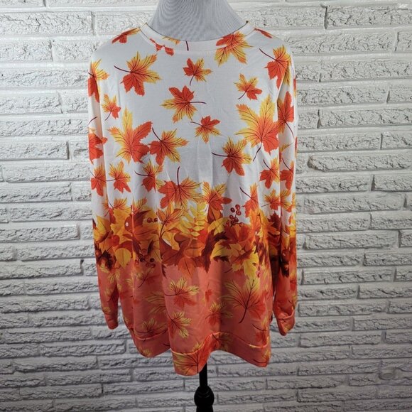 Unbranded Tops - Autumn Leaves Berries Women Top 2XL Plus Tee Long Sleeve Orange White FLO293E